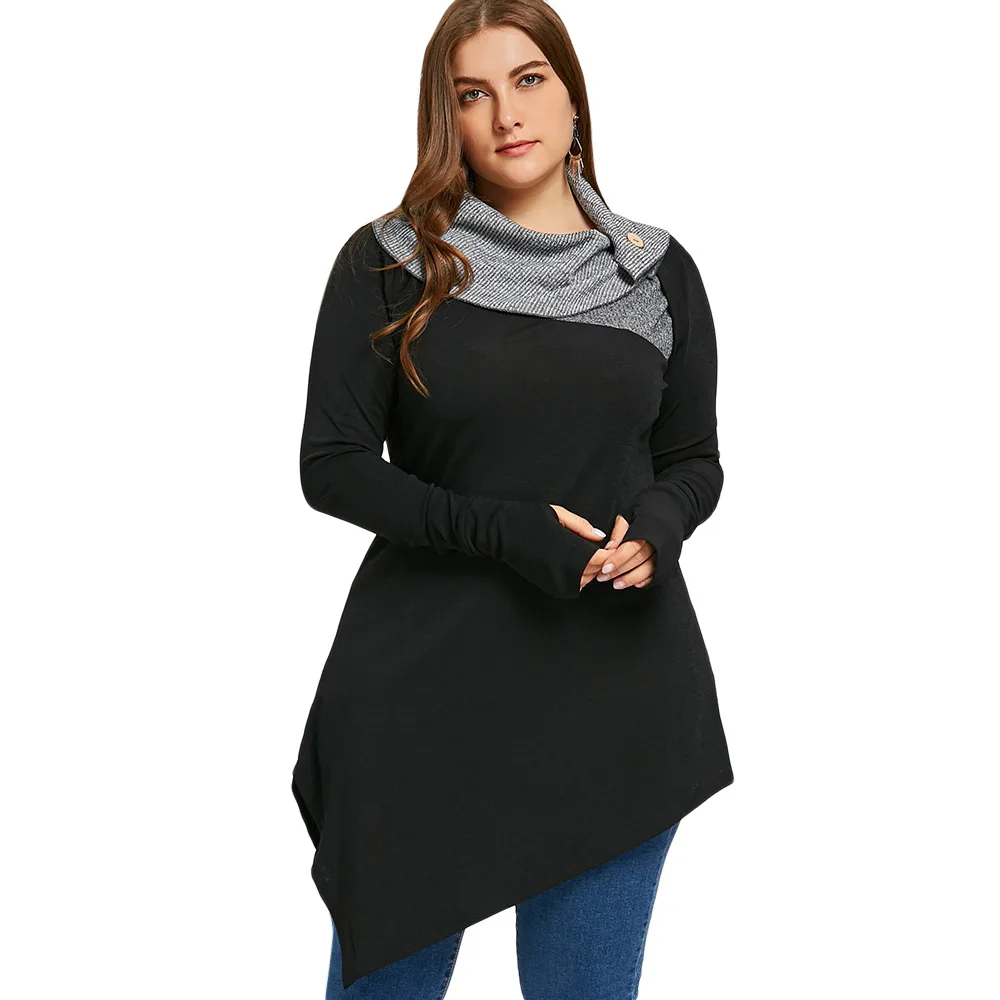

Joineles Plus Size Thumb Hole Asymmetrical Tunic Blouse Women Casual Shirts Long Sleeve Color Block Women's Blouses Black Shirts