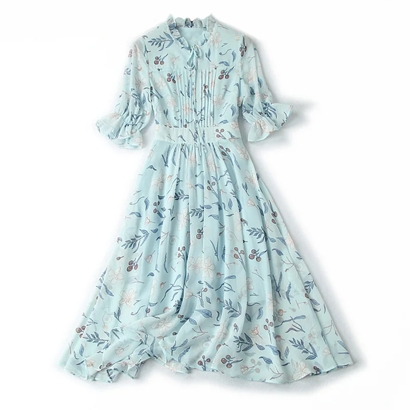

Red RoosaRosee 2019 summer women casual bow collar flare sleeve High Waist floral Print Chiffon Dress holiday reach vestido robe