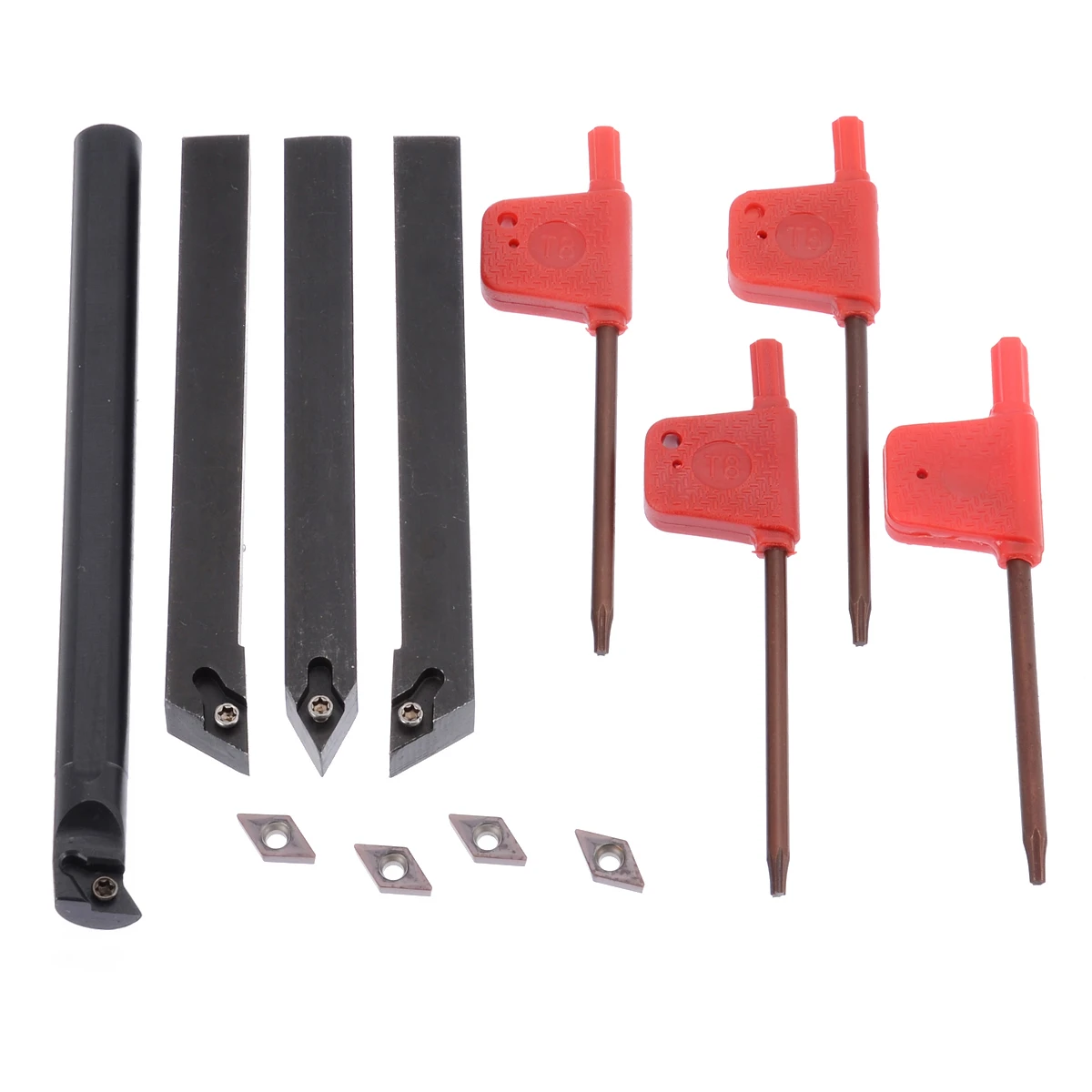 

4pcs DCMT0702 Carbide Inserts + 4pcs 10mm S10K-SDUCR07/SDJCR1010H07/SDJCL1010H07/SDNCN1010H07 Turning Tool Holder Set + Wrenches