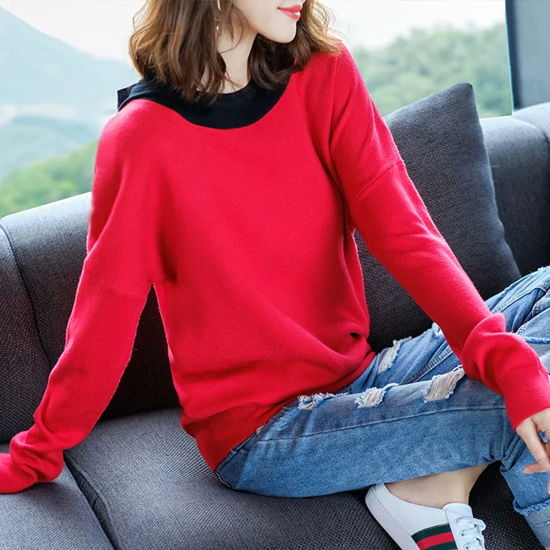 red Marca green Las Con Color Suéter 2018 La Capucha Otoño Invierno Larga Nuevo Mujeres De Casual Manga Black 1Tawdtt
