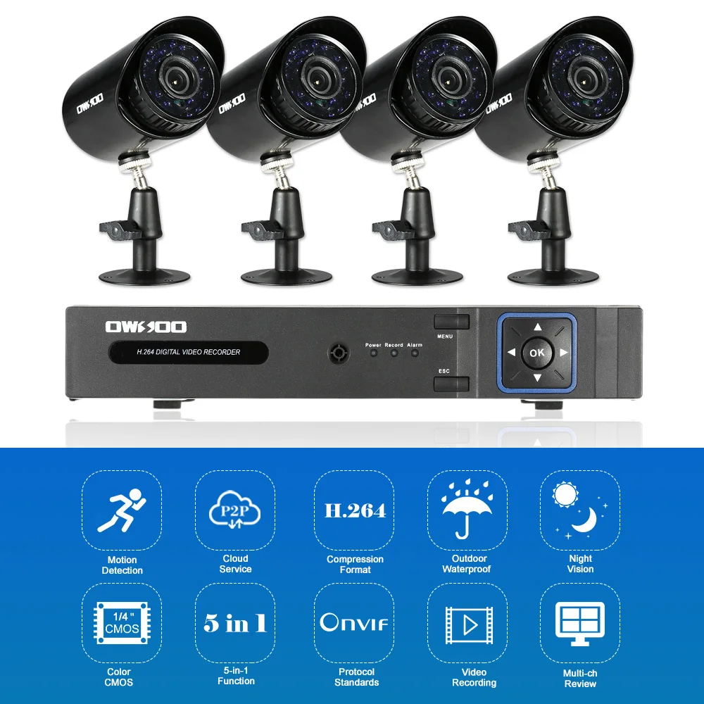 

OWSOO 4CH 1080P 5-in-1 Digital Video Recorder + 4*720P AHD IR CCTV Camera + 4*60ft Surveillance Cable for CCTV Security System