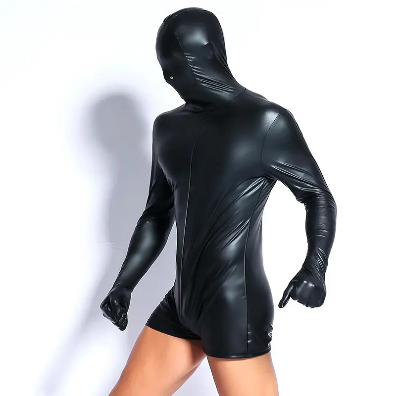 Mens PVC Bodysuit Faux Leather Catsuit Zipper Lycra Underwear Costume 
