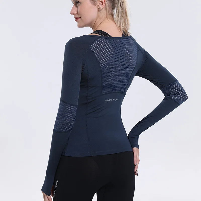 

Athletic Women Gym Yoga Long Sleeve Top Pink Solid Mesh Hollow Out Clothing Mujer Fitness Exercise Sport Breathable Femme Wear