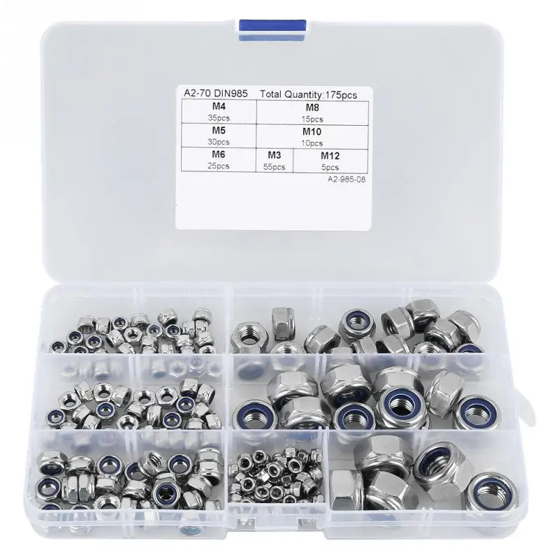 

175Pcs/Lot M3 M4 M5 M6 M8 M10 M12 Stainless Steel Hex Nuts Screw Assortment Kit With Plastic Box Fasteners