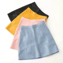 Зимняя юбка с высокой талией из искусственной кожи Женская юбка желтая черная зеленая синяя мини-юбка на молнии Женская