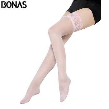 

BONAS Black Stockings Tights Women Lace Top Tight Female Sexy Nightclub Knee Sheer Pantyhose Nylon Lady Stockings Transparent