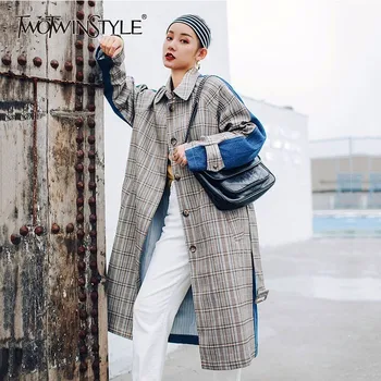 

TWOTWINSTYLE Autumn Plaid Women's Windbreakers Long Sleeve Hit Colors Patchwork Vintage Long Trench Coat Female 2020 Fashion New