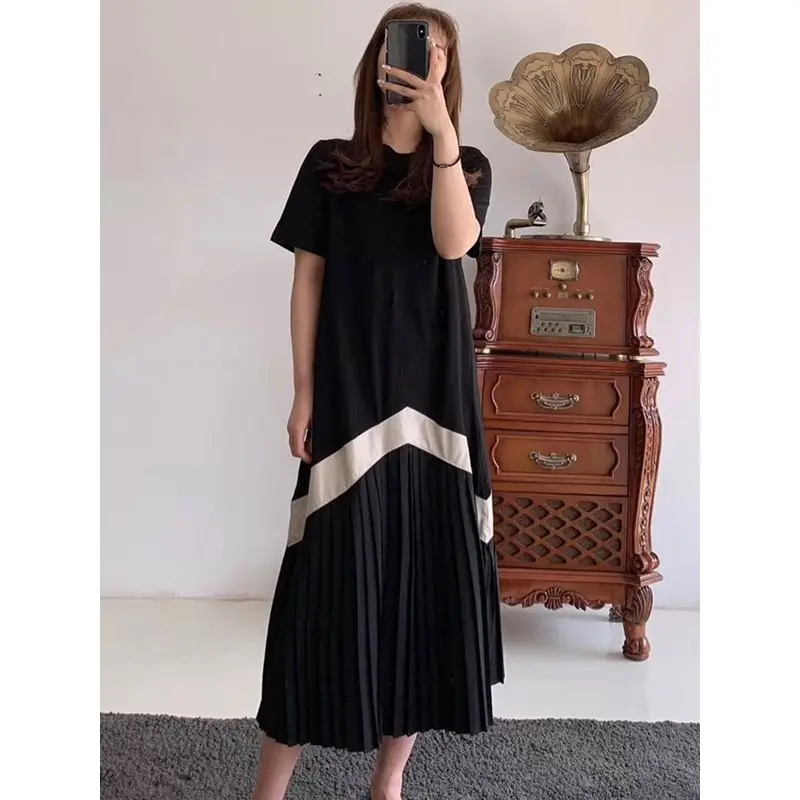 

Korean Fashion Pleated Midi Dress Women Black Gothic Summer 2019 Streetwear White Robe Loose Preppy Style Casual Dresses Girl