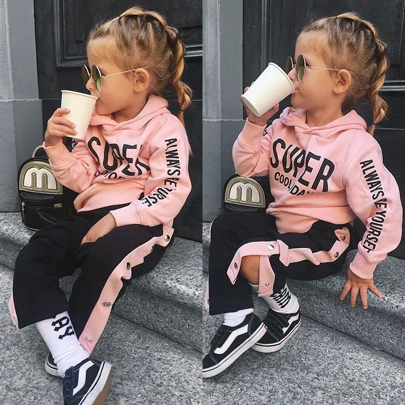 

2019 Newest Fashion Newborn Kids Baby Girls Letters Hooded Tops Pants Tracksuit Sportswear Outfits Set