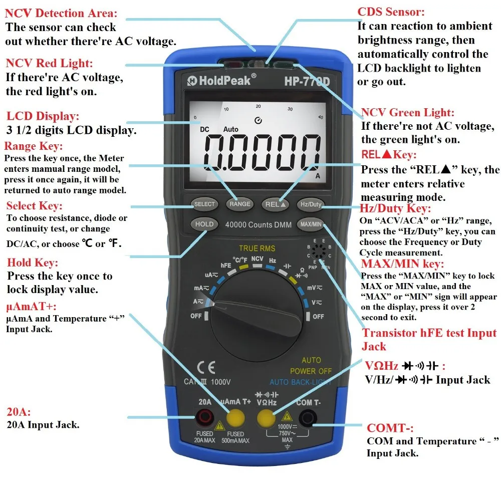 Goedkoop HoldPeak Digitale Multimeter HP 770D Auto Range True RMS 40000 Telt NCV AC DC Spanning Stroom Ohm Capaciteit Temperatuur Teste