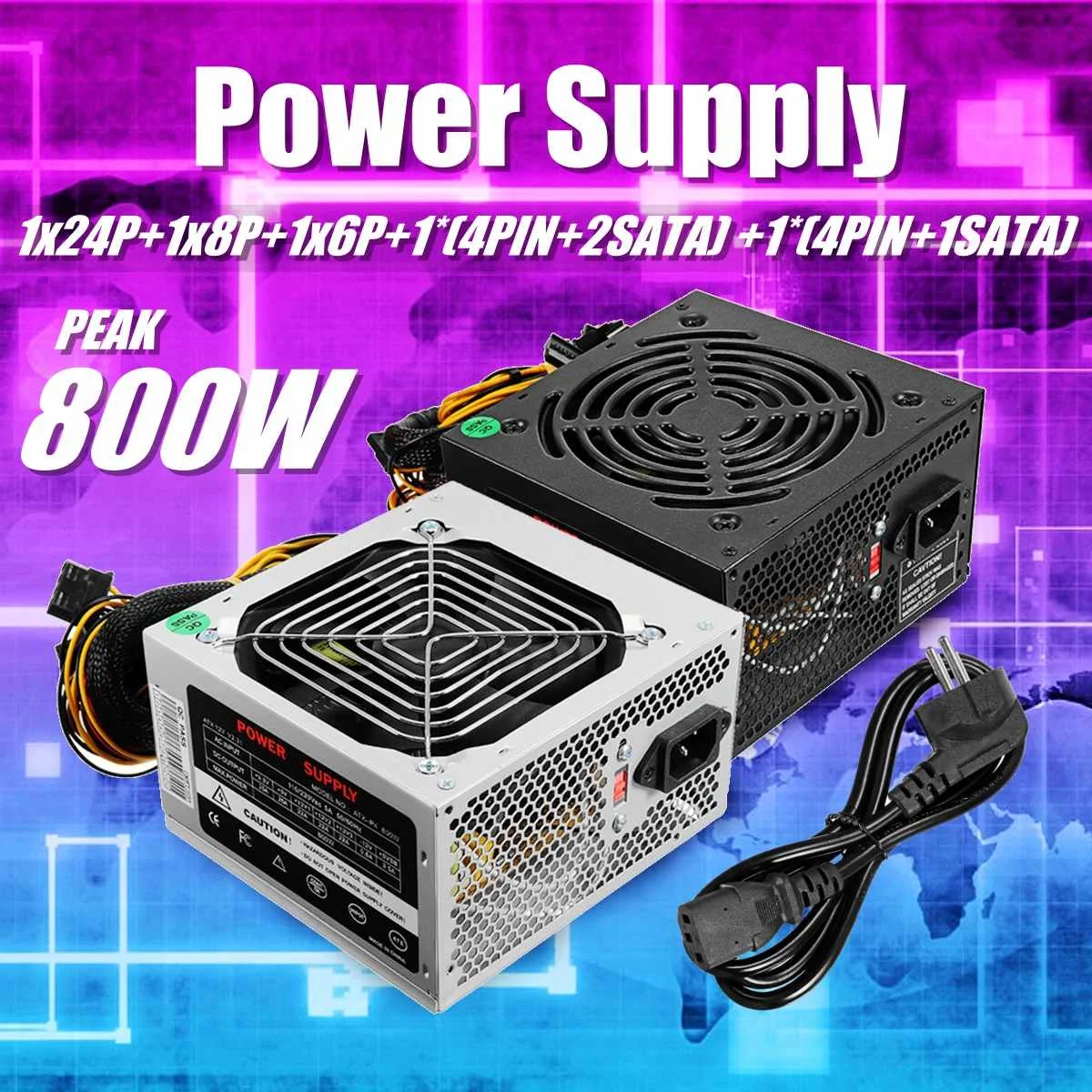 

Silver/Black Max 800W Power Supply PSU PCI PFC Silent Fan ATX 24-PIN PC Computer SATA Gaming Power Supply For Intel AMD Computer