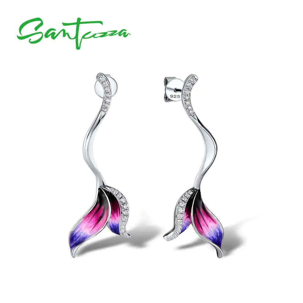 SANTUZZA серебряные серьги для женщин из натуральной 925 пробы серебряные нежные фиолетовые листья серьги Модные ювелирные изделия ручной работы эмаль