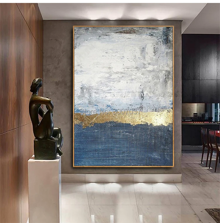 

Pop Hand-painted High Quality Modern Gold and Blue Abstract Oil Painting on Canvas for Living Room Decor Abstract Wall Painting