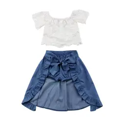 Для новорожденных девочек детское кружевное с открытыми плечами Футболка Топ + джинсовые оборка в виде рыбьего хвоста брюки платье с