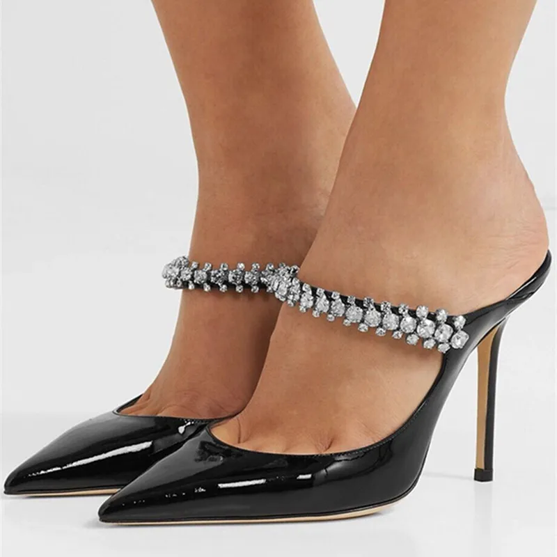

19ss Rhinestone Chain High Heel Ladies Half Slippers Sexy Pointed Toe Shallow Party Pumps Mules Banquet Stilettos Woman Shoes