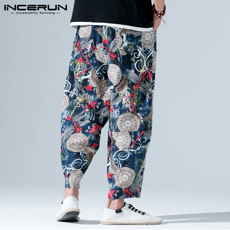 INCERUN Vintage Print Männer Casual Hosen Baumwolle Elastische Taille Jogger Lose Hosen Männer Streetwear Chinesischen Stil Harem Hosen Männer