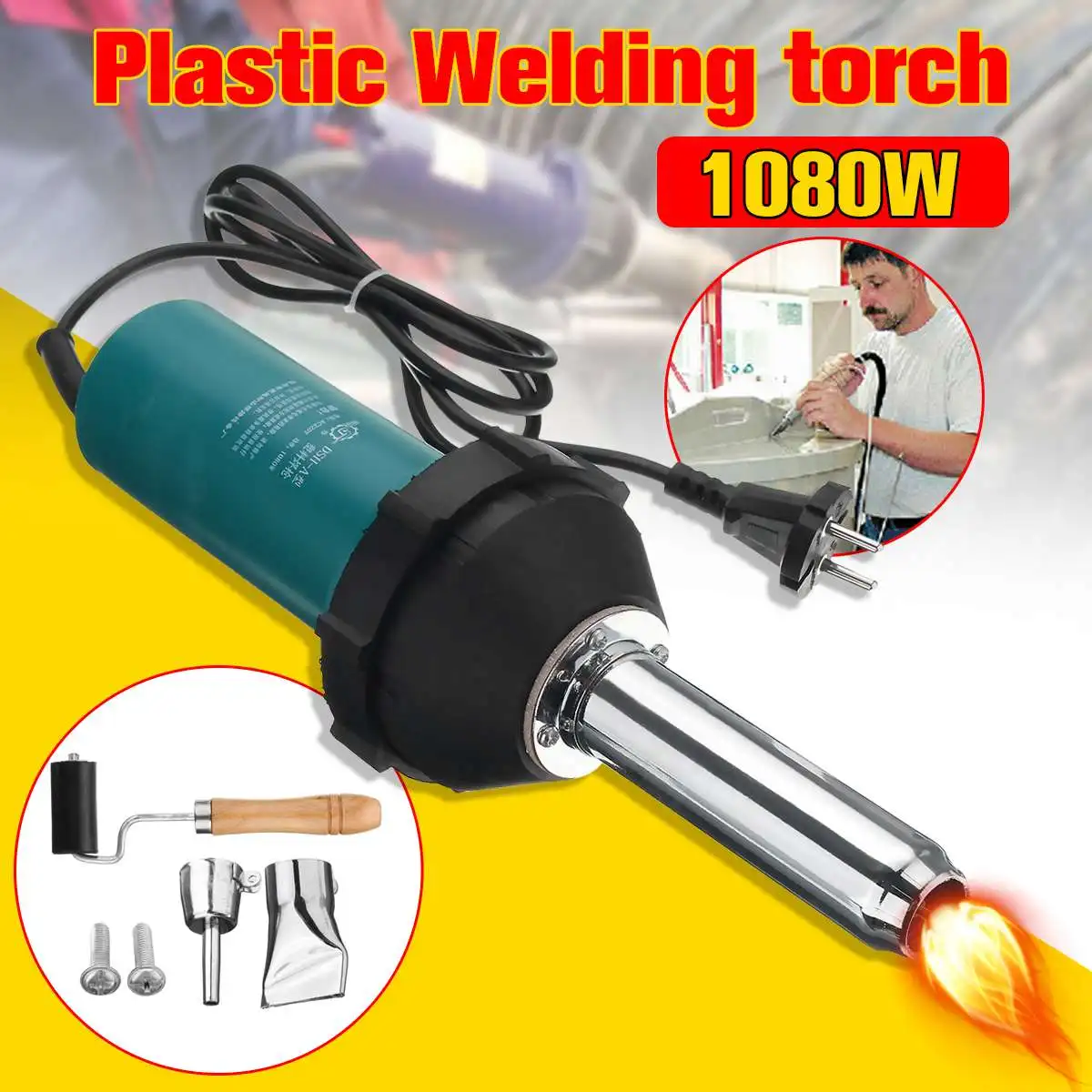 

1080W 220V 50Hz Plastic Hot Air Welding Guns with Pencil Tip Nozzle & Flat Tip & Pressure Roller Heat Kit for Welder Machine