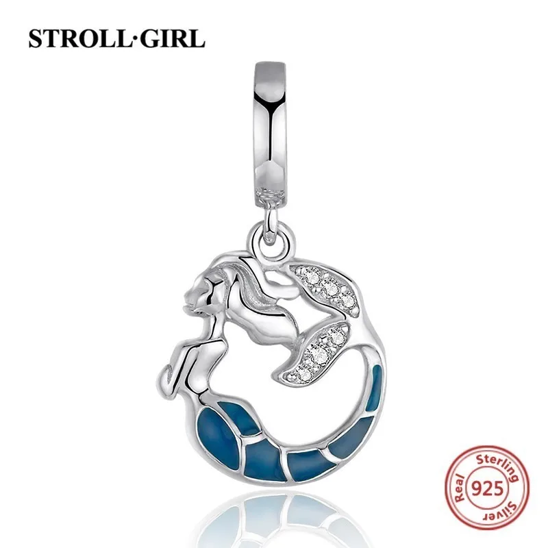 

StrollGirl 925 silver Mermaid glowing beads pendant fit authentic European charm bracelet diy fashion jewelry making women gift