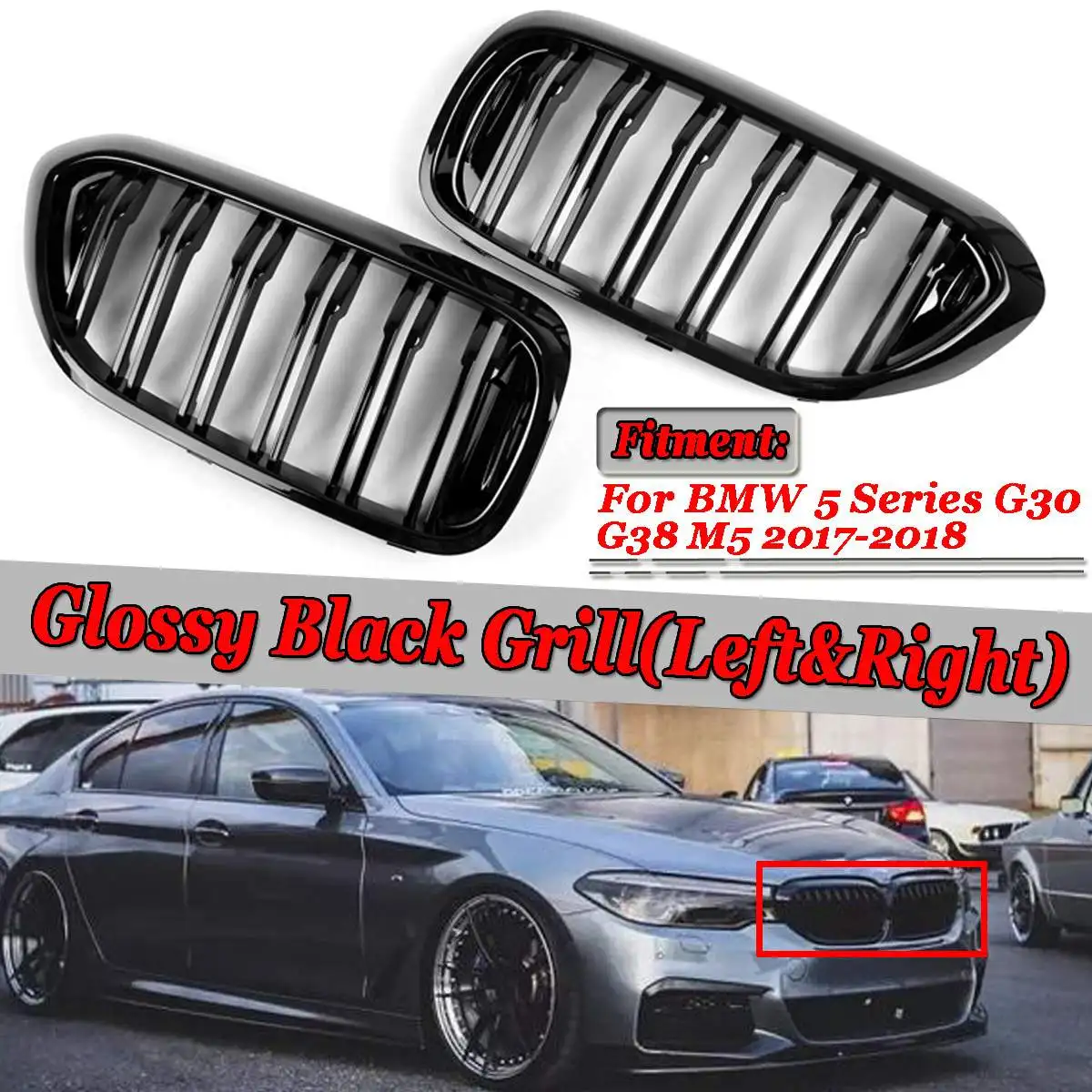 

2x Car Front Bumper Racing Grills Grill For BMW 5 Series G30 G38 M5 2017-2018 Glossy Black Fit for 4Dr/ 5Dr Sedan Wagon