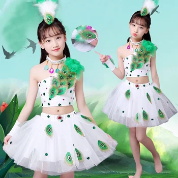 

New children's Dai dance costume girls young national peacocks show costume feather sequins princess short-sleeved skirt