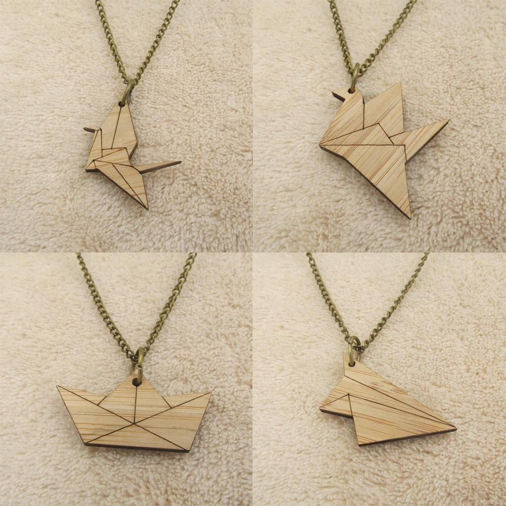 

2019 Origami Paper Plane Boat Crane Wood Chain Necklace Ship Pendant Bamboo Wood Graphic Jewelry Nautical Accessory