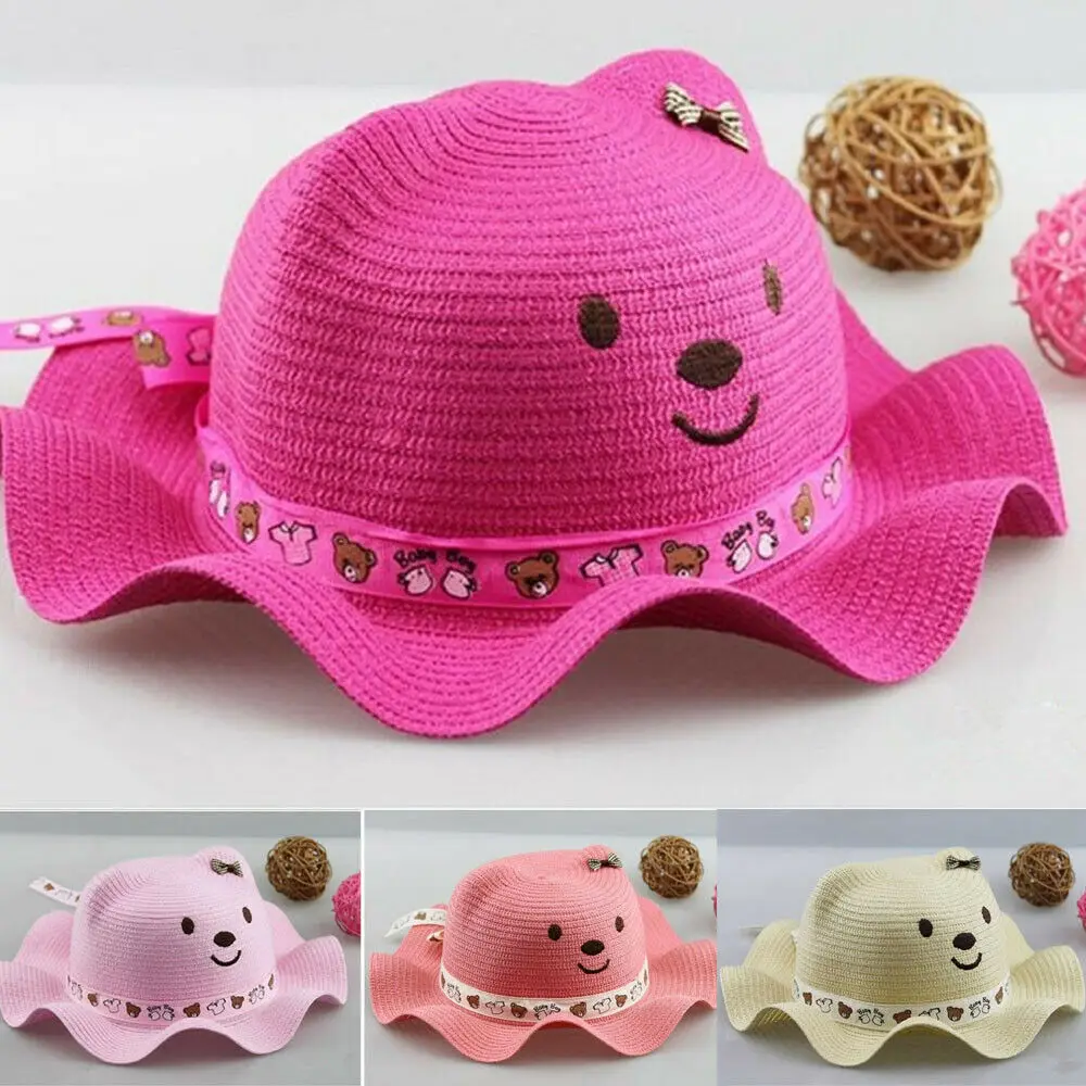 

Lovely Baby Kids Children Boy Girl Bear Straw Sun Hat Summer Beach Outdoor Cap Khaki Blue Pink Red