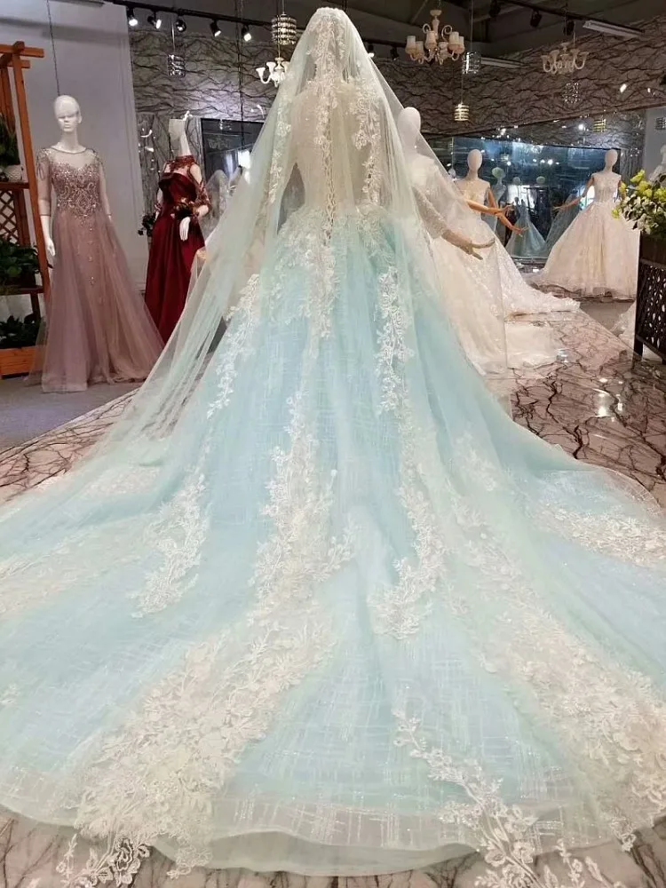 

2019 New Fashion Light Blue Button Lace Up Elegent Eppliqued Button With Long Veil Built In Bra Wedding Dress