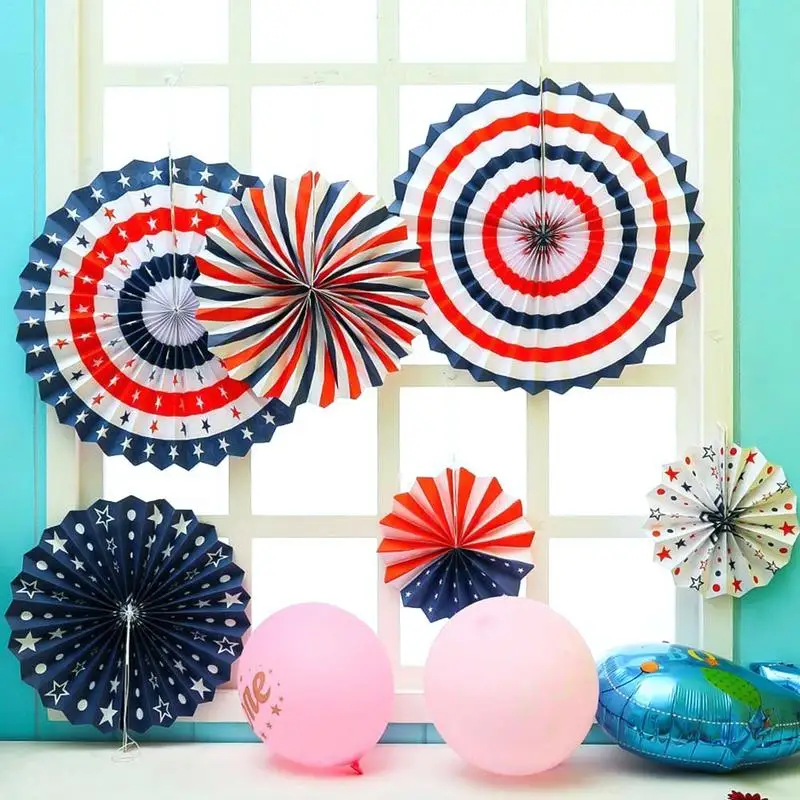 

30 pcs Independence Day Anniversary Party Decorations USA Star balls Supplies Ribbon Wall Hanging Set Include 6PCs Paper Fans
