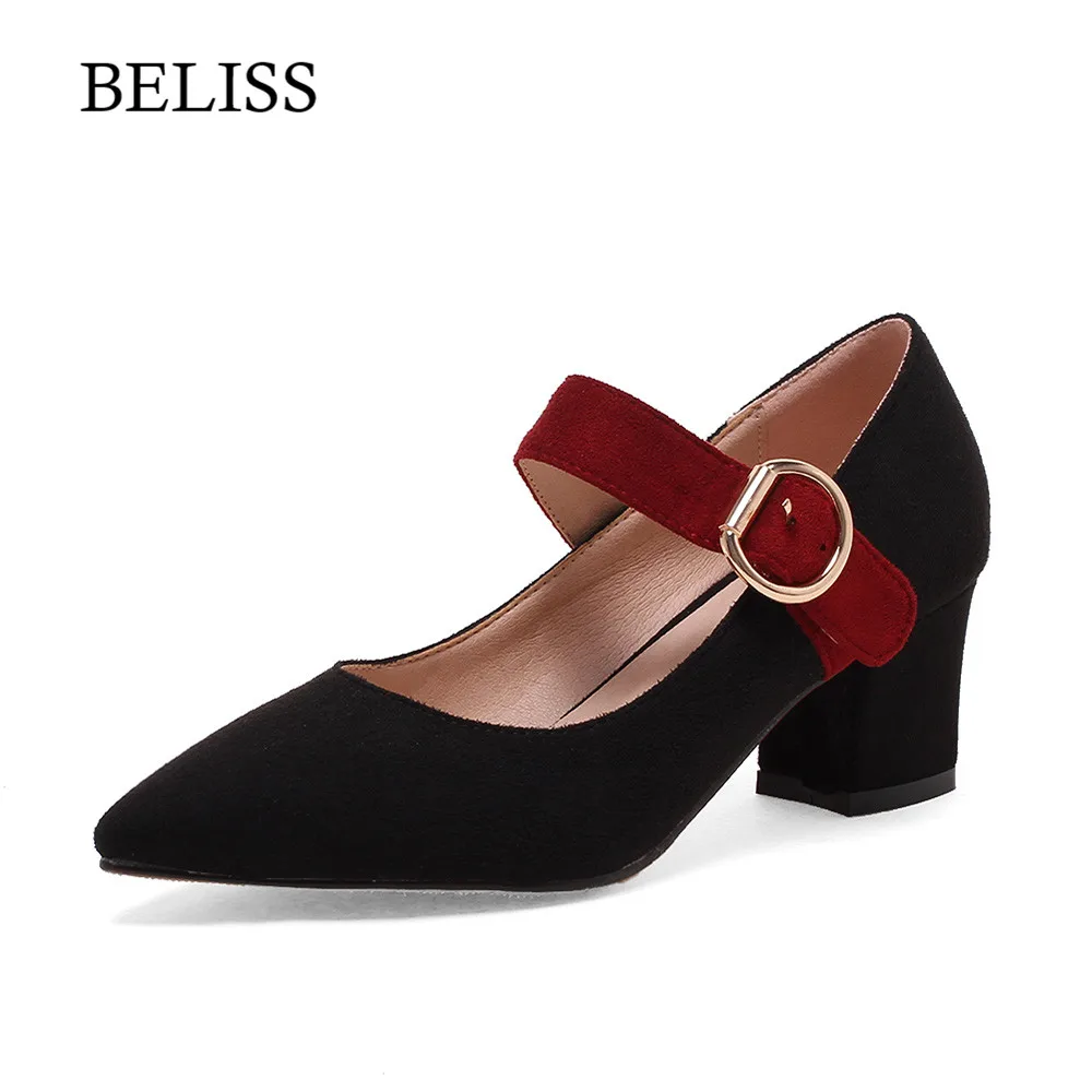 

BELISS 2019 Mary Janes Woman Pumps Casual Shoes Women's Pumps Shallow Square Heel Woman Pu Shoes Spring Autumn Pointed Toe P30
