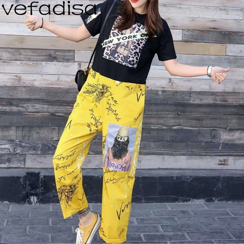 Vefadisa Pattern Print Jumpsuits Women Yellow Patchwork Short Sleeve Bodysuit Street T Shirt One Piece Pants Summer Pant ZLD863 | Женская