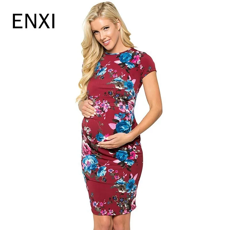 

ENXI Maternity Short Sleeve Knee Length Printing Dresses Sexy Women Pregnancy Clothing Flattering Soft Photo Shoot Dresses