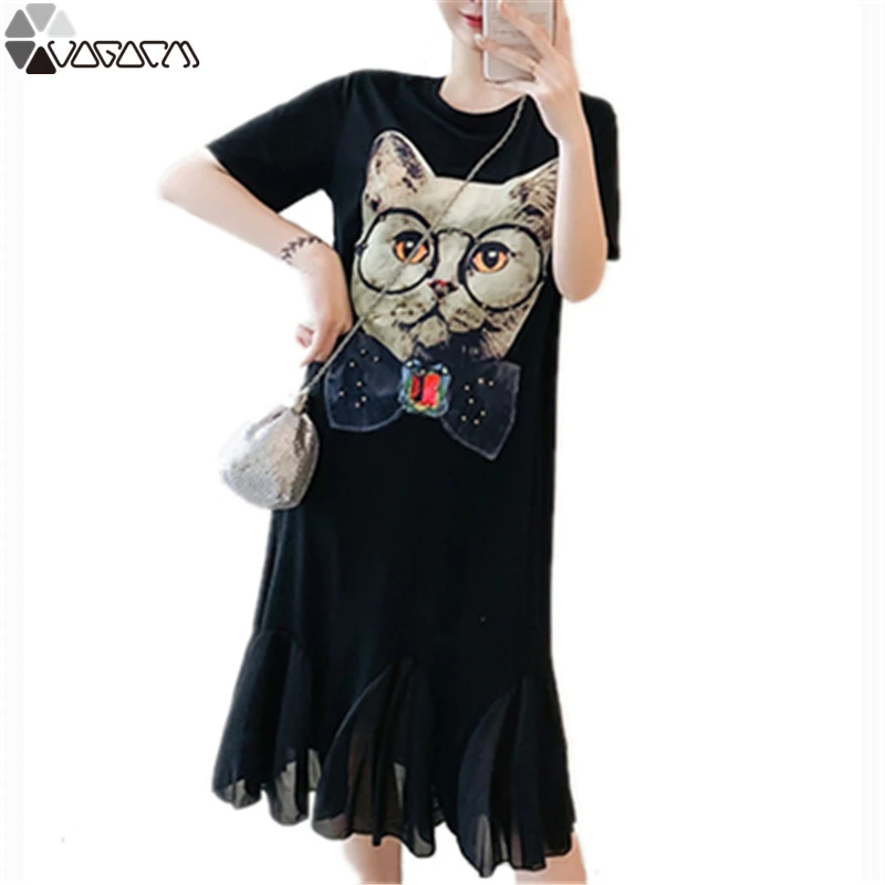 

2019 Women Dress Summer Plus Size Party Club Vestidos Cartoon Cat Casual Short Sleeve O Neck M-4XL