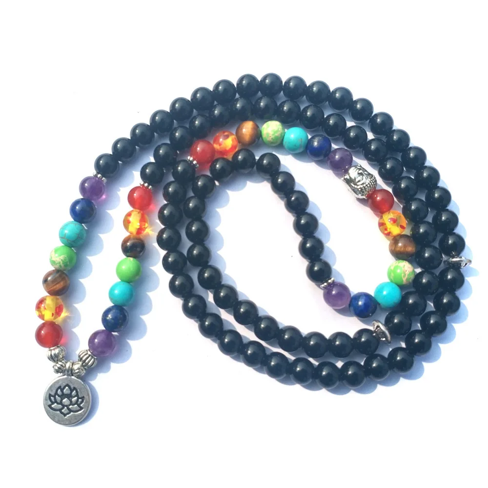 

108 Beads Seven Chakra Bracelet or Necklace for Women Men Lotus OM Buddha Pendant Mala Stone Beads Prayer Charm Bracelet