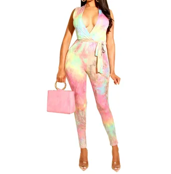 

Summer Women Sleeveless Sexy Print Jumpsuit High Wait Bodycon Bodysuit V-Neck Party Club Playsuit