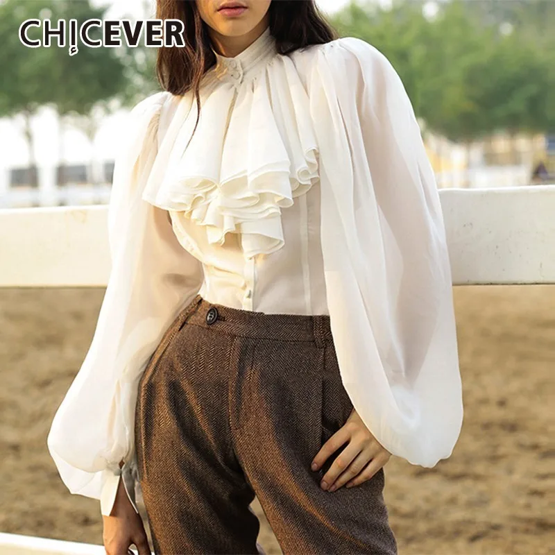 

CHICEVER Chiffon Perspective Shirts Blouse Women Stand Collar Lantern Sleeve Tops Female Elegant Fashion Clothes 2019 Spring New