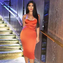 Parthea Summer Satin Dress Women 2019 Cowl Neck Sexy Backless Cross Lace Up Elegant Party Dress Solid Color Bodycon Midi Dress sweet plunging neck lace spliced cross back midi dress for women