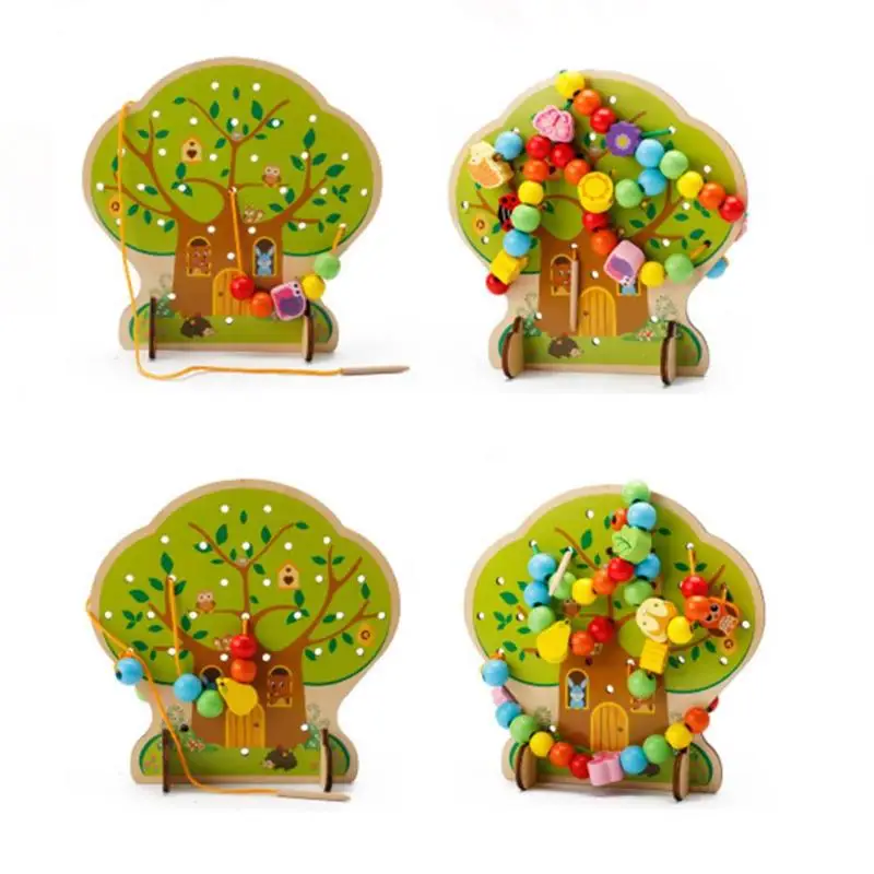 Billige 3D DIY Spielzeug Holz String Perlen Früchte Baum Tiere Bunte Baby Kinder Früh Pädagogisches Spielzeug Geschenk Montessori Perlen Auffädeln Spiel