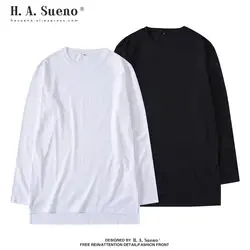 H.A. Sueno новые весенние мужские футболки с длинным рукавом однотонные белые и черные футболки для мужчин high street Длинные футболки Прямая