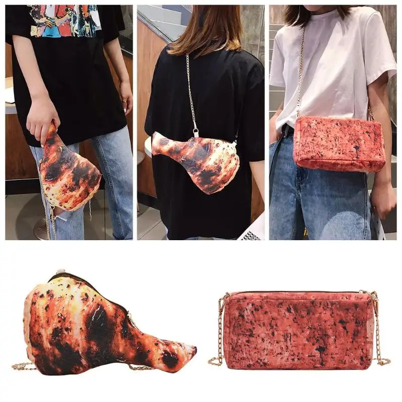 

3D Print Women Crossbody bag Funny Chicken Leg Shape Women Shoulder Bag Zipper Chain Creative Crossbody Messenger Handbags