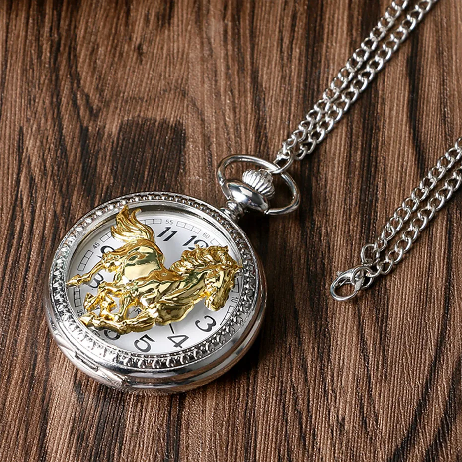 Exquisite Running Golden Horse Quartz Pocket Watch Silver Necklace Chain Hollow Half Hunter Pendant Necklace Clock Men Women