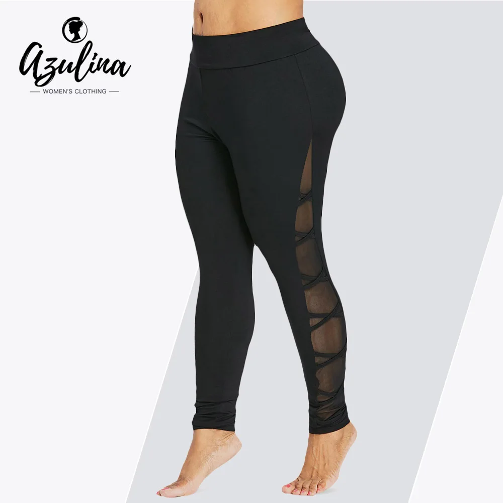 

Rosegal Plus Size Women Leggings 2019 Casual Fitness Pencil Pants Elastic Waist Criss-Cross Black Mesh Insert Trousers Leggings