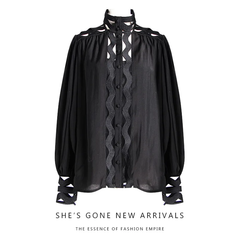 

Shirt Woman 2019 Spring New Pattern Korean Wave Hollow Out The Skirt Cuff Easy Joker Small Stand Lead Lantern Sleeve Shirt