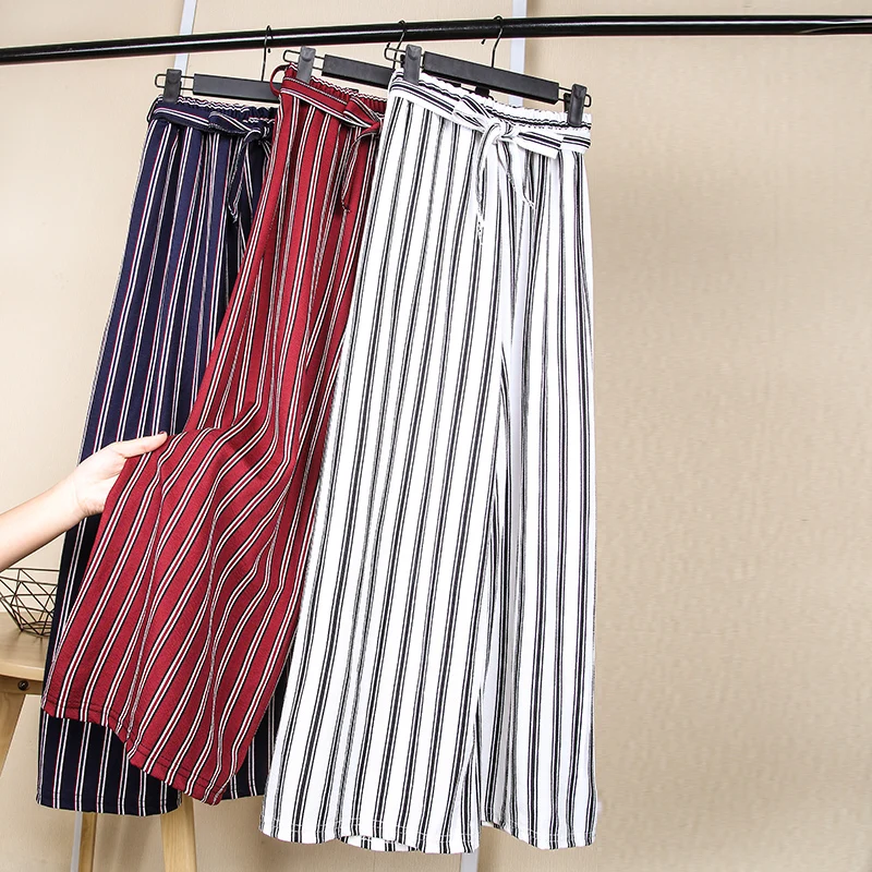

Women Pants 2019 Spring Summer Fashion Female Loose Elasitc Waist Striped Chiffon Wide Leg Pant Office Lady Casual Trousers