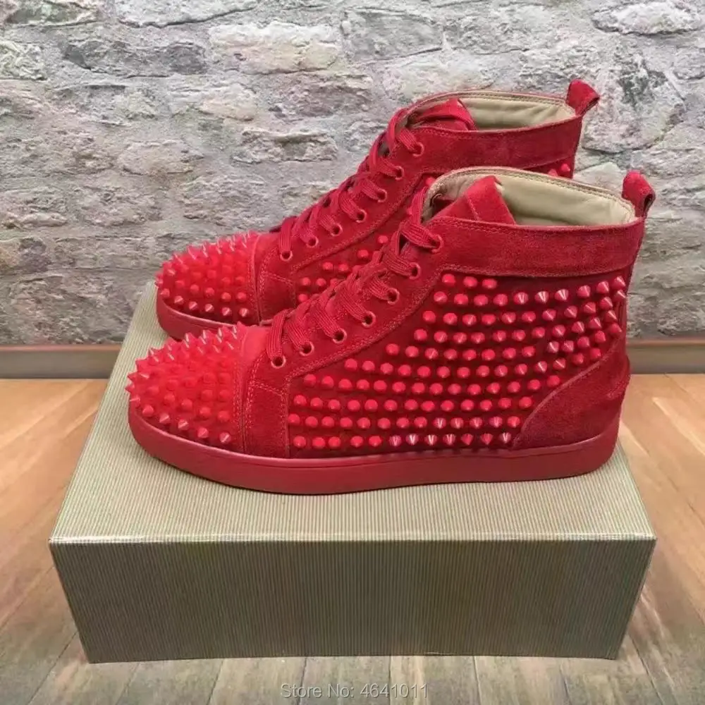 

Lace Up cl andgz trend patent leather Red bottoms shoes High Cut For Men shoes Red Spikes casual shoe couple models Flat Loafers