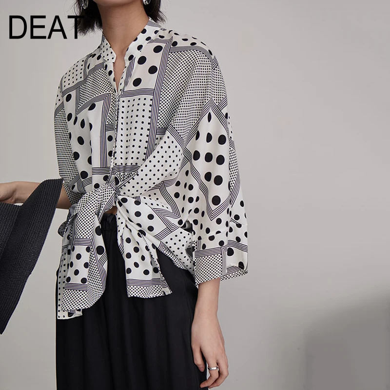 

[DEAT] 2019 New Spring Summer Stand Collar Long Sleeve Black Dot Printed Loose Big Size Shirt Women Blouse Fashion Tide JR15