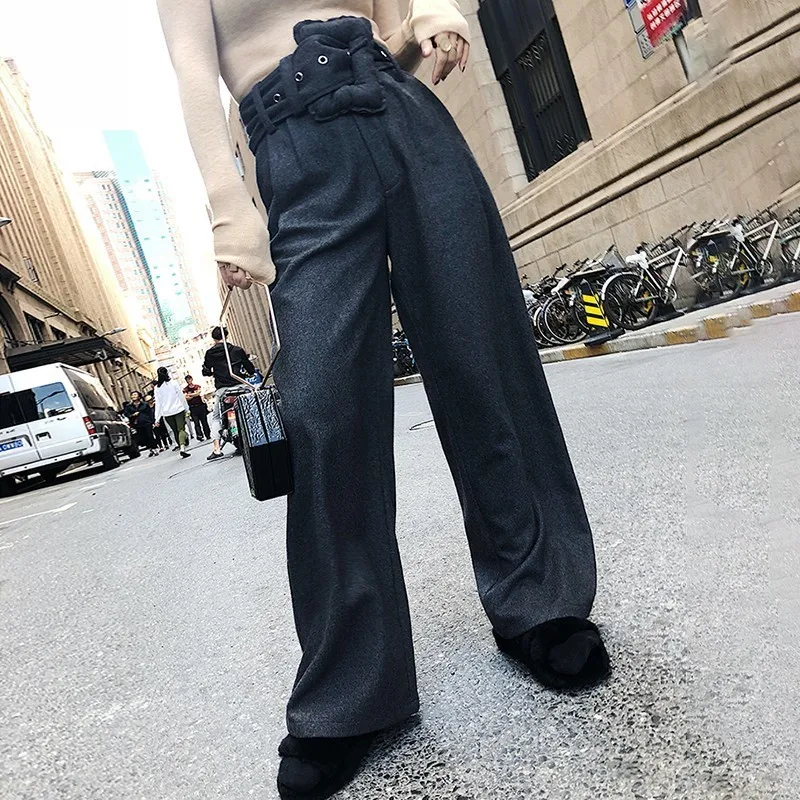 TWOTWINSTYLE корейские шерстяные брюки для женщин Высокая талия с поясом длинные серые брюки женские Осень Зима Повседневная мода