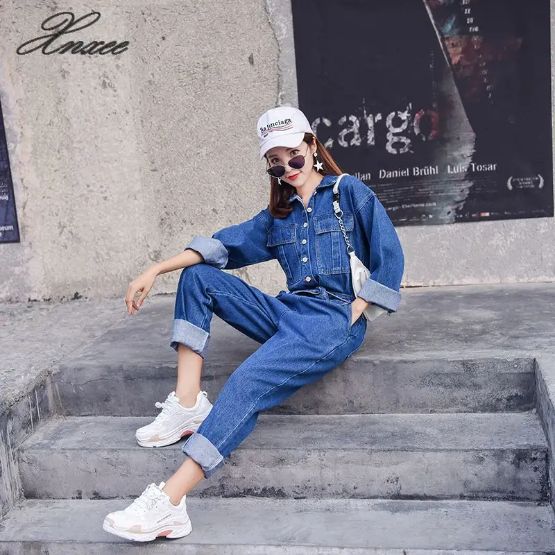 

Fashion Streetwear Style Denim Overalls Women 2019 Autumn Long Sleeve Bodysuit High Waist Jeans Bodycon Romper Wide Leg Jumpsuit