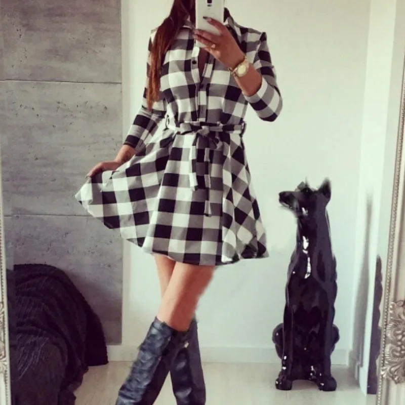

2019 Summer Fashion Women Plaid Shirtdress Cotton Long Sleeve Mini Dresses