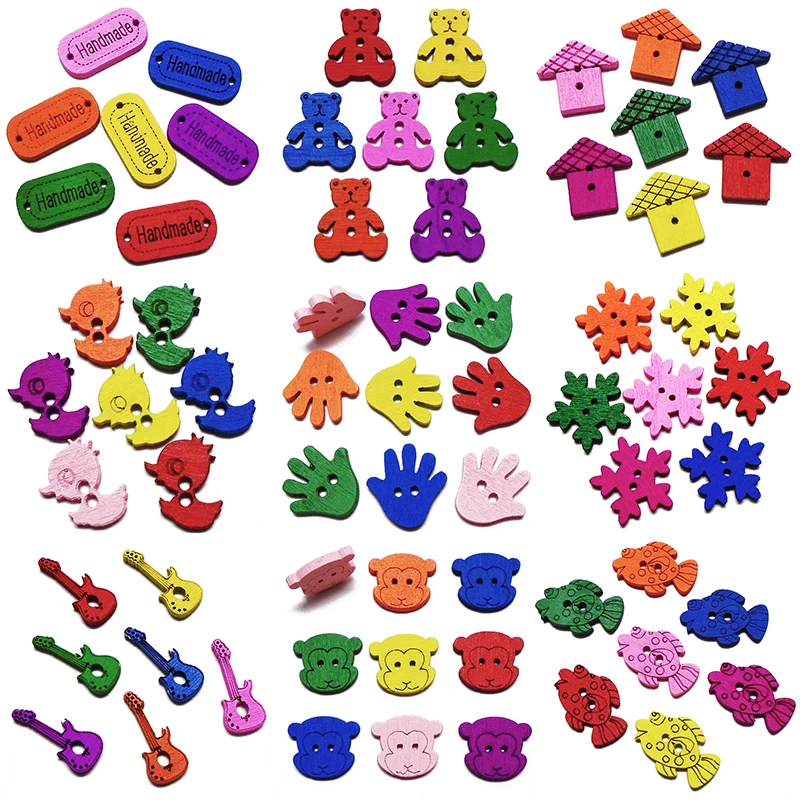 

ZIEENE 20PCs-200PCs Mixed 7 Colors Kids Cartoon Dyed Bear Palm Fish Wooden Buttons DIY Sewing Scrapbooking For Baby Handmade