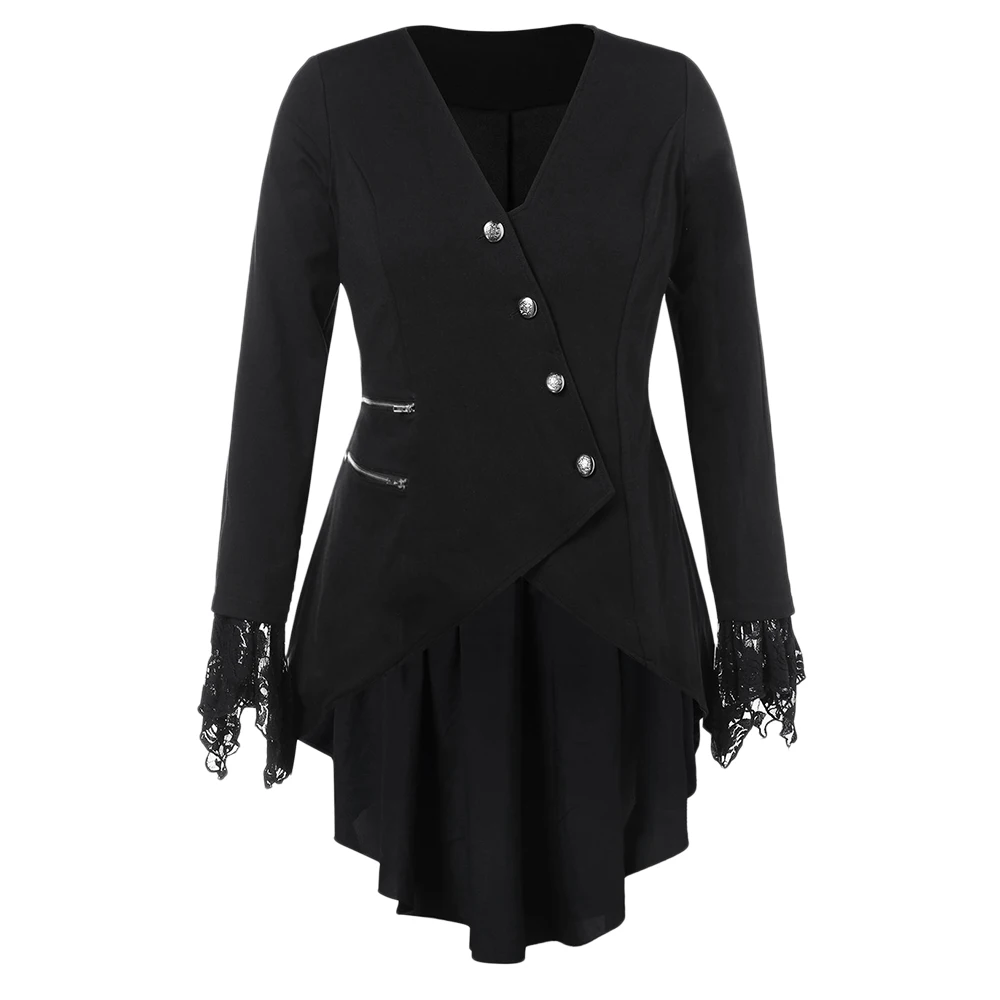 

Sovalro Plus Size Back Lace Up High Low Women Coat Spring Button Up Zipper Patchwork Irregular Outwear Jacket Lace Sleeve Coat